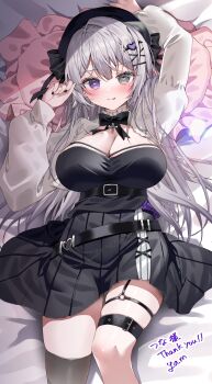 1girl absurdres belt black_bow black_bowtie black_nails black_shirt black_skirt black_thighhighs blush bow bowtie breasts cleavage commentary_request commission grey_eyes grey_hair hair_ornament heart heart-shaped_pupils heart_hair_ornament heterochromia highres indie_virtual_youtuber large_breasts long_hair long_sleeves lying on_back on_bed pleated_skirt purple_eyes second-party_source shirt shrug_(clothing) single_thighhigh skirt solo symbol-shaped_pupils thigh_strap thighhighs virtual_youtuber white_shrug yam_(yamap_mako) yuase_(vtuber)