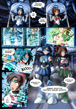 2girls bishoujo_senshi_sailor_moon blue_gemstone breasts circlet comic corruption english_text expressionless gem glitcher green_gemstone head-mounted_display high_ponytail jupiter_symbol kino_makoto mechanization medium_breasts mind_control mizuno_ami multiple_girls ponytail sailor_jupiter sailor_mercury skirt speech_bubble transformation