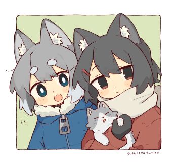 2girls :d animal animal_ear_fluff animal_ears black_gloves black_hair blue_coat blue_eyes blush_stickers border cat cat_ears cat_girl closed_mouth coat commentary_request dated dot_nose double-parted_bangs fang fumiko_(rubra_plumeria) fur-trimmed_hood fur_trim gloves green_background grey_cat grey_hair hair_between_eyes highres holding holding_animal hood hood_down hooded_coat long_sleeves looking_at_viewer multicolored_hair multiple_girls open_mouth original outside_border portrait red_eyes scarf short_hair signature simple_background skin_fang smile two-tone_hair white_border white_hair white_scarf