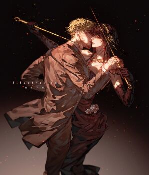 1boy 1girl black_dress black_gloves black_hair blonde_hair blood blood_on_face blood_on_hands chaoxibumian collared_shirt cowboy_shot dagger dress dress_flower dual_wielding earrings elbow_gloves flower formal_clothes gem gloves gold_hairband grey_jacket grey_pants grey_suit hair_between_eyes hair_flower hair_ornament hairband hand_on_another&#039;s_shoulder highres holding holding_weapon imminent_kiss jacket jewelry knife long_dress long_hair necklace pants parted_lips red_gemstone rose shirt short_hair sidelocks spy_x_family stiletto_(weapon) suit suit_jacket twilight_(spy_x_family) weapon white_flower white_rose white_shirt yor_briar