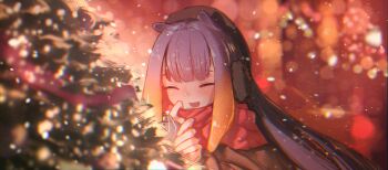 1girl absurdres adjusting_scarf black_hat blunt_bangs blurry blurry_background brown_jacket christmas christmas_tree closed_eyes commentary earmuffs english_commentary facing_viewer floomf gradient_hair hat highres holding hololive hololive_english jacket long_hair mole mole_under_eye multicolored_hair ninomae_ina'nis open_mouth orange_hair purple_hair red_scarf scarf sidelocks smile solo straight_hair tentacle_hair virtual_youtuber