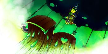:s a_hat_in_time brown_hair cage cape chain exhaust_pipe hanging hat_kid highres jenna_brown lantern legs_folded legs_together official_art outhouse ponytail scared suspension umbrella