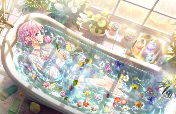 1girl anyoji_hime barefoot blue_eyes blue_flower blunt_bangs breasts closed_mouth collarbone criss-cross_halter flower full_body game_cg green_ribbon green_slippers hair_flower hair_ornament hair_ribbon halterneck her-bath-rium highres holding holding_flower in_bathtub knees_up lens_flare link!_like!_love_live! long_hair looking_at_viewer love_live! low_ponytail medium_breasts non-web_source official_alternate_costume official_art one-piece_swimsuit orange_flower partially_submerged pink_flower pink_hair pink_tulip plant ponytail potted_plant profile purple_flower ribbon rubber_duck sidelocks slippers soap_bottle solo swimsuit tulip unworn_slippers virtual_youtuber water white_flower white_one-piece_swimsuit yellow_flower