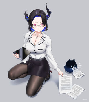 Rule 34 | 1girl, asymmetrical horns, beleven, black hair, black horns, black pantyhose, black scarf, black skirt, blue hair, breasts, cleavage, closed mouth, colored inner hair, commentary, earrings, english commentary, glasses, grey background, highres, holding, holding paper, holding tablet pc, hololive, hololive english, horns, jailbird (nerissa ravencroft), jewelry, kneeling, large breasts, looking at viewer, mole, mole under eye, multicolored hair, nerissa ravencroft, nerissa ravencroft (casual), office lady, official alternate costume, official alternate hairstyle, pantyhose, paper, pink eyes, plaid clothes, plaid scarf, scarf, semi-rimless eyewear, shirt, skirt, tablet pc, virtual youtuber, white shirt