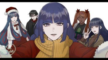 5girls ada_(boruto) akimichi_chouchou black_eyes black_hair black_hoodie black_sweater blue_eyes blue_hair blunt_bangs boruto:_two_blue_vortex box braid brown_jacket brown_sweater butterfly_hair_ornament capelet christmas colored_sclera dark-skinned_female dark_skin dress earrings eyelashes facial_mark gift gift_box glasses hair_ornament hat highres holding holding_gift hood hooded_sweater hoodie ifevilwhyuhot implied_selfie jacket jewelry kakei_sumire lollipop_in_mouth long_hair low_twin_braids multicolored_hair multiple_girls naruto_(series) necklace one_eye_closed open_mouth orange_eyes orange_hair parted_lips pov purple_eyes purple_hair red_dress red_hair santa_costume santa_dress santa_hat scarf short_hair sidelocks smile star_(symbol) star_hair_ornament streaked_hair striped_clothes striped_scarf sweater twin_braids twintails two-tone_hair uchiha_sarada uchiha_symbol uzumaki_himawari v very_dark_skin very_long_hair watermark whisker_markings white_capelet yellow_sclera