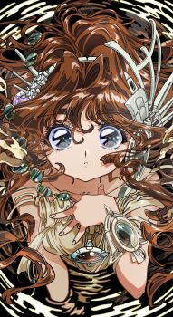 1990s_(style) 1girl broken broken_chain brown_eyes brown_hair chain eyelashes hair_between_eyes hair_ornament hand_on_own_chest head_wings headgear headpiece highres jewelry long_hair looking_at_viewer original portal_(object) reflection reflective_liquid retro_artstyle sparkling_eyes thick_eyebrows vortex wading_pool wings yo-co