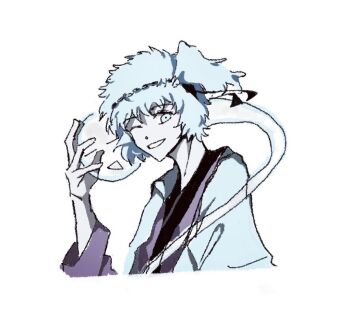 1other androgynous black_headband blue_eyes blue_hair blue_jacket chinese_commentary commentary commentary_request cropped_torso dot_nose english_commentary fujiwara_no_iyozane ghost_(len'en) grin hachimaki haori happy headband hitodama jacket jacket_on_shoulders japanese_clothes kimono len'en long_sleeves looking_at_viewer messy_hair mixed-language_commentary one_eye_closed one_side_up other_focus pale_skin petting purple_kimono short_hair simple_background smile solo soobsi white_background