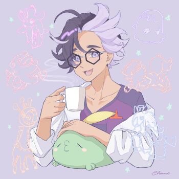 Rule 34 | 1boy, :d, absurdres, ahoge, arcanine, black-framed eyewear, chama (kevs2875), coat, collarbone, commentary request, cup, farigiraf, gen 1 pokemon, gen 3 pokemon, gen 7 pokemon, glasses, gulpin, happy, highres, holding, holding cup, jacq (pokemon), looking at viewer, lower teeth only, lurantis, male focus, mudsdale, mug, multicolored hair, nintendo, off shoulder, open mouth, pokemon, pokemon (creature), pokemon sv, purple shirt, shirt, short hair, signature, slowbro, smile, steam, swalot, teeth, tongue, two-tone hair, white coat