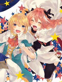 1boy 1other androgynous astolfo_(fate) bad_id blonde_hair blue_eyes blush braid cape chevalier_d'eon_(fate) closed_eyes fang fate/apocrypha fate/grand_order fate_(series) fur-trimmed_cape fur_trim gorget highres multicolored_hair non-web_source pink_hair single_braid skin_fang smile star_(symbol) streaked_hair white_cape yano_sou