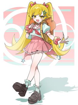 1girl aqua_nails bag blonde_hair blush bow brown_shoes collar commentary_request frilled_socks frills full_body hair_bow hair_flaps hair_ornament highres long_hair looking_at_viewer monogatari_(series) myuga66666 nail_polish neckerchief open_mouth oshino_shinobu pink_bow pink_neckerchief pink_sailor_collar pink_skirt pleated_skirt sailor_collar school_uniform scrunchie serafuku shadow shirt shoes signature skirt socks solo standing twintails very_long_hair white_background white_shirt white_socks wrist_scrunchie yellow_eyes