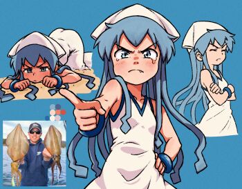 1boy 1girl baseball_cap beachepisode blue_background blue_eyes blue_hair breasts child closed_mouth crossed_arms fang fang_out hand_on_own_hip hat highres ikamusume long_hair photo_inset pointing pointing_at_viewer shinryaku!_ikamusume simple_background small_breasts squid sunglasses tentacle_hair