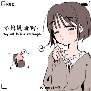 2girls alien_stage bilingual_text black_hair bob_cut chinese_text coldmeow commentary english_commentary english_text heart highres index_finger_raised mixed-language_text mizi_(alien_stage) multiple_girls pink_hair purple_eyes recording short_hair spoken_heart sua_(alien_stage) traditional_chinese_text