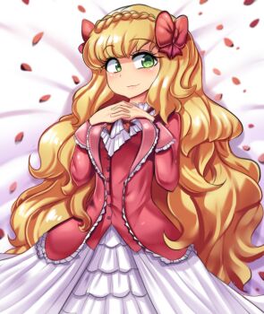 absurdres blonde_hair bokujou_monogatari bow dress elise elise_(story_of_seasons) green_eyes hands_on_own_chest hands_together harvest_moon highres hinghoi long_hair pink_dress smile story_of_seasons tagme