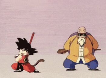 1980s_(style) 2boys animated animated_gif bald beard black_hair child copyright_name dragon_ball facial_hair glasses lowres multiple_boys muten_roushi ruyi_jingu_bang old old_man oldschool open_mouth retro_artstyle son_goku sunglasses tail turtle_shell