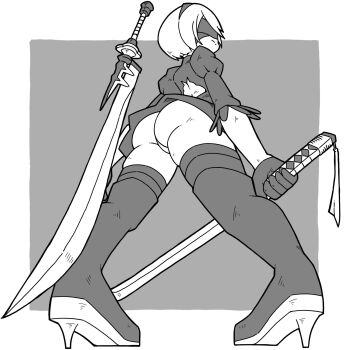 1girl 2b_(nier:automata) ass back_cutout blindfold bob_cut boots closed_mouth clothing_cutout dress feather-trimmed_sleeves feather_trim from_below full_body gloves hairband high_heel_boots high_heels highres holding holding_sword holding_weapon katana legs_apart mole mole_under_mouth monochrome name_omoitukan2 nier:automata nier_(series) pigeon-toed puffy_sleeves short_hair solo standing sword thigh_boots thighhighs virtuous_contract weapon