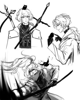 Rule 34 | 1boy, a certain sinclair (project moon), animal, animal on head, attack, bandaged weapon, bird, bird on hand, bird on head, claymore (sword), clenched hand, closed mouth, coat, commentary, english commentary, eyelashes, facial mark, forehead mark, glaring, gloves, greyscale, hair over one eye, hands up, highres, holding, holding polearm, holding weapon, index finger raised, jewelry, limbus company, load bearing vest, long hair, looking at animal, low ponytail, male focus, monochrome, motion lines, multiple views, necklace, on head, open clothes, open coat, pendant, polearm, ponytail, project moon, shirt, sinclair (project moon), smile, solo, split, sword, sword on back, trench coat, tsurime, turtleneck, turtleneck shirt, undershirt, wavy hair, weapon, weapon on back, white background, zio 444