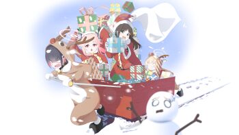 4girls :d absurdres after-school_sweets_club_(blue_archive) airi_(blue_archive) anger_vein angry animal_costume animal_hood antlers black_gloves black_hair blank_eyes blonde_hair blue_archive box bright_pupils brown_hair christmas clenched_teeth colored_inner_hair commentary cosplay dress fake_antlers fake_facial_hair fake_mustache fake_nose fur-trimmed_headwear fur-trimmed_sleeves fur_trim gift gift_box gloves green_eyes green_halo halo hat highres holding holding_gift hood horns kazusa_(blue_archive) kigurumi long_hair long_sleeves migeru690 multicolored_hair multiple_girls natsu_(blue_archive) open_mouth pink_hair pink_halo pulling pushing red_dress red_eyes red_nose reindeer_antlers reindeer_costume reindeer_hood santa_costume santa_dress santa_hat short_hair sled smile snow snowing snowman teeth two-tone_hair white_gloves white_pupils yoshimi_(blue_archive)