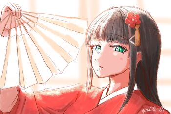 1girl black_hair blunt_bangs commentary_request flower folding_fan hair_flower hair_ornament hand_fan highres holding holding_fan japanese_clothes kimono kurosawa_dia long_hair looking_at_viewer love_live! love_live!_sunshine!! mole mole_under_mouth red_flower red_kimono sidelocks solo tassel tassel_hair_ornament yukiti_ll