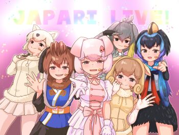 Rule 34 | 6+girls, absurdres, animal ears, bear ears, bear girl, bird girl, bird wings, black eyes, blue hair, brown hair, commentary request, dress, extra ears, feathered wings, fingerless gloves, gloves, grey hair, head wings, highres, jacket, kemono friends, long hair, looking at viewer, mammoth (kemono friends), microphone, multiple girls, necktie, nokemono-san (bocchi friend), pig (kemono friends), pig ears, pig girl, pink background, pink hair, polar bear (kemono friends), ribbon, scarf, sheep (kemono friends), sheep ears, sheep girl, shoebill (kemono friends), short hair, simple background, skirt, southern cassowary (kemono friends), white hair, wings