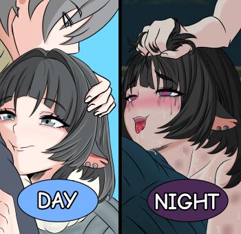 1boy 1girl absurdres ahegao animal_ears black_hair blush brice corruption grey_hair heart heart-shaped_pupils heart_in_eye hickey highres hug jane_doe_(zenless_zone_zero) long_hair mind_break mouse_ears smile sweat symbol-shaped_pupils symbol_in_eye tongue tongue_out wise_(zenless_zone_zero) zenless_zone_zero