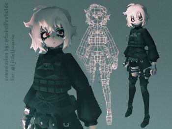 1girl 3d ahoge androgynous artist_name belt_pouch black_shoes black_vest closed_mouth colored_skin commentary english_commentary frown full_body gloves grey_background grey_gloves long_eyelashes looking_at_viewer low_poly mechanical_legs medium_hair model multiple_views original pouch red_eyes saintpestic1de shoes simple_background solo thighs upper_body vest white_hair white_skin