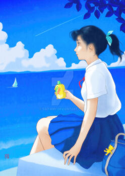 1986 1girl adversarial_noise artist_logo bag_charm black_hair blue_skirt blue_theme boat bottle charm_(object) cloud cloudy_sky commentary day deviantart_logo english_commentary holding holding_bottle logo looking_afar ocean original outdoors pleated_skirt ponytail profile sai_tamiya sailboat school_uniform shirt sitting skirt sky solo summer watercraft watermark white_shirt