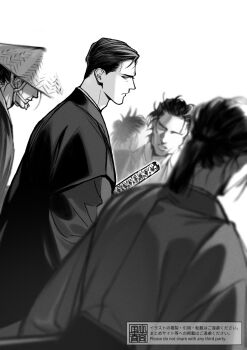 Rule 34 | 4boys, black kimono, closed mouth, commentary, fate/grand order, fate (series), from behind, frown, greyscale, hat, japanese clothes, katana, kimono, komiya kuniharu, long sleeves, looking at viewer, male focus, monochrome, multiple boys, obi, ponytail, rice hat, sash, short hair, sideways glance, sword, takechi zuizan (fate), very short hair, weapon