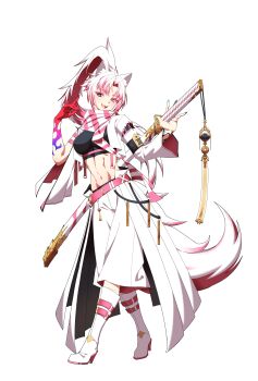 1girl :d absurdres animal_ear_fluff animal_ears aqua_eyes aqua_nails armband belt boots breasts colored_extremities colored_inner_hair colored_tips commentary crop_top curtained_hair english_commentary fangs fingernails fox_ears fox_shadow_puppet fox_tail full_body heterochromia high_heel_boots high_heels high_ponytail highres himura_soichiro holding holding_sword holding_weapon jacket long_hair medium_breasts midriff multicolored_hair navel open_clothes open_mouth original pants pink_armband pink_belt pink_eyes pink_hair ponytail red_hands scabbard scarf sheath simple_background single_bare_arm smile solo standing stomach striped_clothes striped_scarf sword tail toned toned_female two-tone_hair weapon white_background white_boots white_hair white_jacket white_pants