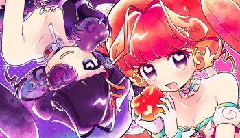 Rule 34 | 2girls, apple, bandaged neck, bandages, black eyes, black gloves, blood, bloody bandages, breasts, cleavage, collar, dual persona, eyelashes, eyepatch, food, frilled collar, frills, fruit, gloves, heart, heart in eye, highres, holding, holding food, holding fruit, melloco-chan, mlc.inc, multiple girls, open mouth, outline, pink background, polka dot, polka dot background, purple eyes, purple hair, apple, red hair, rotational symmetry, symbol in eye, tsunoji, twintails, white gloves, white outline