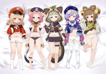 5girls :d absurdres ahoge animal_ear_fluff animal_hood bangs_pinned_back barefoot bell black_panties bloomers blunt_bangs braid braided_ponytail newsboy_cap cat_girl child coin_hair_ornament commentary_request diona_(genshin_impact) feet genshin_impact hair_bell hair_between_eyes hair_ornament hat hat_feather head_tilt highres holding_hands hood klee_(genshin_impact) kneehighs knees_together_feet_apart loli long_hair long_sleeves looking_at_viewer low_ponytail multiple_girls navel open_mouth panties pointy_ears ponytail pubic_tattoo qingdai_guanmao qiqi_(genshin_impact) sayu_(genshin_impact) shio_(shiofeifei) short_hair sidelocks simple_background single_braid smile socks stomach tattoo thighhighs thighs twin_braids underwear white_bloomers white_legwear yaoyao_(genshin_impact)