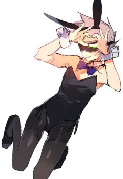 1boy alternate_costume animal_ear_hairband animal_ears animification black_leotard black_pantyhose black_shoes blue_bow blue_bowtie blush bow bowtie brown_hair crossdressing crossdressing_(mtf) detached_collar eddsworld fake_animal_ears full_body future_tom_(eddsworld) hairband head-mounted_display heart heart_hands kneeling lcd leotard male_focus male_playboy_bunny nana_(ebitokanimiso) pantyhose playboy_bunny rabbit_ear_hairband rabbit_ears shoes short_hair simple_background sketch solo spiked_hair third-party_source tom_(eddsworld) white_background wrist_cuffs