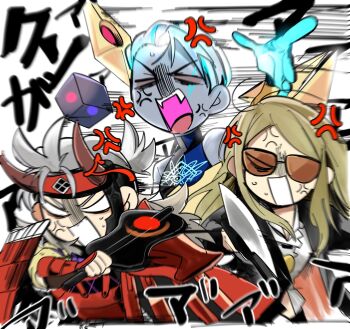 3boys anger_vein angry arm_up armor black_jacket blank_eyes blonde_hair chibi collared_shirt colored_skin dou fake_horns fate/grand_order fate_(series) floating floating_object glowing glowing_hair glowing_hand grey_skin gun hand_fan hand_up high_collar highres holding holding_fan holding_gun holding_weapon horned_headwear horns jacket japanese_armor kote kuriimu0203 multiple_boys print_shirt shirt sidelocks sunglasses takeda_shingen_(third_ascension)_(fate) upper_body weapon white_hair white_shirt