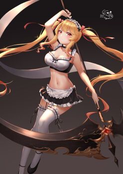 1girl absurdres arm_up blonde_hair blush breasts cleavage feet_out_of_frame floating_hair frilled_headwear garter_straps gem highres holding holding_scythe long_hair maid navel original red_eyes red_gemstone scythe shrimp_cake simple_background stomach thighhighs twintails unconventional_maid white_thighhighs