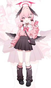 1girl absurdres bag black_bag black_bow black_shoes black_skirt black_socks black_wings blue_archive blush bow bow_legwear bowtie buttons cardigan cellphone chelly_(glisten_chelly) commentary feathered_wings full_body hair_bow hair_ornament hairclip halo haniwa_(statue) head_wings highres holding holding_phone jirai_kei kneehighs koharu_(blue_archive) long_hair long_sleeves looking_at_viewer loose_socks low_wings open_mouth phone pink_bow pink_cardigan pink_eyes pink_hair pink_halo pink_nails pleated_skirt pom_pom_(clothes) shirt shoes shoulder_bag skirt smartphone snail socks solo spread_wings standing sweatdrop thighs twintails white_background white_shirt winged_halo wings x_hair_ornament zoom_layer