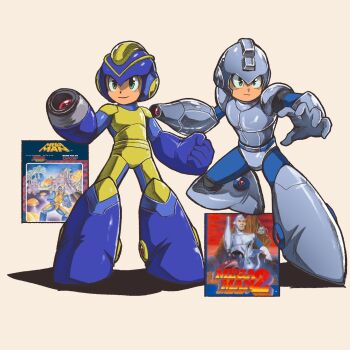 1boy adapted_costume alternate_costume arm_cannon armor blue_footwear blue_helmet bodysuit boots commentary english_commentary full_body green_eyes grey_armor grey_footwear grey_helmet helmet highres mega_man_(character) mega_man_(classic) mega_man_(series) mega_man_1 mega_man_2 multiple_views shoulder_armor simple_background souldroids weapon yellow_bodysuit