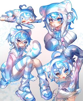 1boy ahoge animal_ears asymmetrical_legwear blue_bow blue_bowtie blue_eyes blue_hair blue_shoes blue_sweater blue_thighhighs bow bowtie cat_boy cat_ears cat_tail chibi chibi_inset closed_mouth cloud_(lufaeris) commentary commission crossed_bangs double-parted_bangs earmuffs english_commentary hair_between_eyes highres long_sleeves looking_at_viewer male_focus medium_hair mismatched_legwear multicolored_hair multiple_views open_mouth original shoes single_thighhigh skeb_commission streaked_hair striped_clothes striped_thighhighs sweater tail thighhighs white_background white_streaks