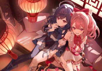 2girls absurdres black_dress black_hair black_sleeves black_thighhighs blue_dress bow breasts cleavage cleavage_cutout clothing_cutout commentary_request commission detached_sleeves dress hair_bow hair_intakes hair_ornament hanging_lantern highres lantern large_breasts lattice locked_arms long_hair long_sleeves looking_at_viewer multicolored_dress multiple_girls on_bed open_mouth original paper_lantern pillow pink_dress pink_hair red_bow red_eyes roena single_thighhigh sitting skeb_commission sleeveless sleeveless_dress smile thighhighs white_dress