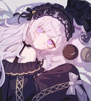 Rule 34 | 1girl, absurdres, bare shoulders, black dress, black hairband, closed mouth, commentary, dress, expressionless, frilled dress, frills, gothic lolita, grey hair, hairband, hashtag-only commentary, highres, lolita fashion, lolita hairband, long hair, long sleeves, looking at viewer, lying, mahou shoujo no majo saiban, natsume an-an, purple eyes, shan (shan 29387473), solo, stuffed animal, stuffed sheep, stuffed toy, untranslatable commentary, upper body