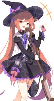 1girl :3 absurdres bow catharumaki cellphone dress frilled_dress frills hat hat_bow highres holding holding_phone holding_staff loli long_hair mesugaki mistique_(stella_sora) multicolored_hair orange_hair phone purple_hair purple_ribbon red_eyes ribbon single_sidelock skirt smile solo staff stella_sora witch_hat