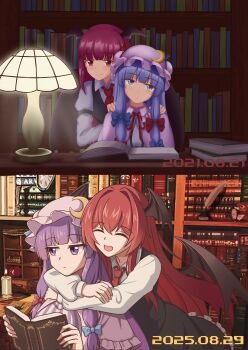 2girls :/ absurdres armband artist_progress black_armband black_skirt black_vest blue_bow blunt_bangs blush book book_stack bookshelf bow breasts candle capelet closed_eyes closed_mouth collared_shirt commentary_request crescent crescent_hat_ornament dated demon_wings desk dress dress_shirt expressionless hair_ribbon hands_on_another's_shoulders hat hat_bow hat_ornament head_tilt head_wings highres hime_cut holding holding_book hug hug_from_behind inkwell juliet_sleeves koakuma lamp library long_hair long_sleeves looking_at_viewer mob_cap multiple_girls necktie open_book open_mouth patchouli_knowledge piaoluo_de_ying_huaban pink_hat puffy_sleeves purple_capelet purple_eyes purple_hair quill red_bow red_eyes red_hair red_necktie redrawn ribbon shirt sidelocks skirt small_breasts smile striped_clothes striped_dress touhou tress_ribbon upper_body vertical-striped_clothes vertical-striped_dress very_long_hair vest white_shirt wings