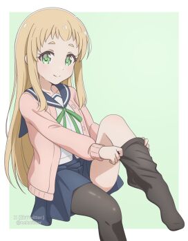 1girl black_pantyhose blonde_hair blue_sailor_collar blue_skirt blush closed_mouth collarbone dot_nose female_focus green_eyes green_ribbon inose_mai koisuru_asteroid long_hair long_sleeves looking_at_viewer nekofilter no_shoes open_clothes open_sweater pantyhose pink_sweater ribbon sailor_collar school_uniform serafuku shirt simple_background sitting skirt smile solo sweater twitter_username white_shirt