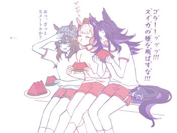 Rule 34 | 3girls, absurdres, animal ears, beanie, black hair, blunt bangs, bow, brown hair, brown hat, closed eyes, commentary request, ears through headwear, eating, fenomeno (umamusume), flipped hair, food, fruit, gold ship (umamusume), grey hair, grey hat, gym shirt, hair between eyes, hat, highres, holding, holding food, holding fruit, holding watermelon, horse ears, horse girl, horse tail, long hair, multicolored hair, multiple girls, nakayama festa (umamusume), open mouth, pillbox hat, purple bow, purple eyes, purple hair, red shorts, shirt, short sleeves, shorts, smile, spitting seed, tail, tracen training uniform, translation request, umamusume, w3n6e, watermark, watermelon, watermelon seeds, watermelon slice, white shirt