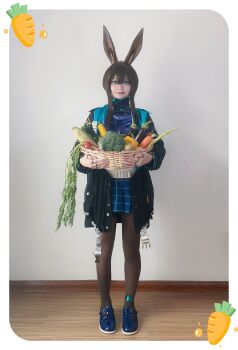 Rule 34 | 1girl, absurdres, amiya (arknights), amiya (arknights) (cosplay), animal ear fluff, animal ears, arknights, ascot, basket, black jacket, black pantyhose, blue ascot, blue eyes, blue shoes, blue skirt, brown hair, commentary request, cosplay, cosplay photo, double-parted bangs, food, full body, hair between eyes, highres, holding, holding basket, jacket, long sidelocks, open clothes, open jacket, pantyhose, photo (medium), plaid clothes, plaid skirt, rabbit ears, shoes, sidelocks, skirt, solo, standing, ysu2211