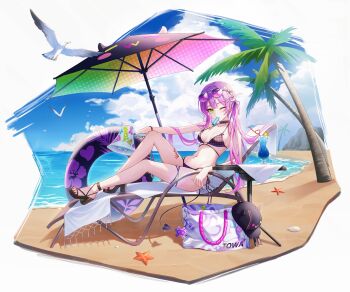 1girl alternate_costume aviator_sunglasses baseball_cap beach beach_chair beach_umbrella bikini bird black_collar black_hat blue_sky borrowed_design bow breasts center-flap_bangs chain chain_earrings chair character_name cloud collar commentary cumulonimbus_cloud day demon_girl demon_tail double-parted_bangs eyewear_on_head fake_horns feet food food_in_mouth full_body gradient_hair green_eyes hair_bow hair_ribbon hat heart heart_o-ring high_heel_sandals highres holding holding_megaphone hololive horned_headwear horns houndstooth knee_up leg_tattoo long_hair medium_breasts megaphone multi-strapped_bikini_bottom multi-strapped_bikini_top multicolored_hair navel navel_piercing o-ring o-ring_bikini on_chair one_eye_closed outdoors palm_tree piercing pink_hair pointy_ears popsicle popsicle_in_mouth print_bikini purple-tinted_eyewear purple_hair ribbon sandals seagull seashell shell side-tie_bikini_bottom sitting sky solo star-ring starfish stomach sunglasses swim_ring swimsuit symbol-only_commentary tail tail_ornament tail_piercing tattoo thigh_strap tinted_eyewear toes tokoyami_towa tree twintails umbrella unworn_hat unworn_headwear virtual_youtuber winged_heart winged_heart_tattoo