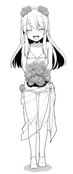 1girl bare_shoulders bikini blush bouquet breasts closed_eyes commentary_request fate/kaleid_liner_prisma_illya fate_(series) flower greyscale hair_flower hair_ornament illyasviel_von_einzbern illyasviel_von_einzbern_(wedding_bikini) long_hair monochrome open_mouth rougetsu_(eclipse) sarong see-through_clothes sidelocks small_breasts smile solo speech_bubble swimsuit translation_request