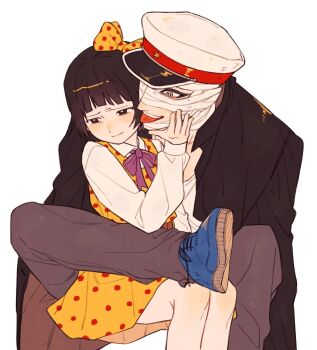 1boy 1girl bandage_on_face bandages black_hair black_jacket blue_shoes blush brown_pants dress hat highres jacket long_sleeves midori_(shoujo_tsubaki) pants polka_dot polka_dot_dress s22uic shirt shoes short_hair shoujo_tsubaki simple_background smile teeth tokkuriji_muchisute tongue tongue_out white_background white_hat white_shirt yellow_dress