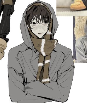 1boy :/ aegyo_sal black_eyes boynextdoor brown_hair brown_scarf closed_mouth commentary cropped_torso crossed_arms fur_scarf grey_hoodie highres hood hood_up hoodie jinjeocompote k-pop male_focus pale_skin photo-referenced reference_inset scarf sideways_glance striped_clothes striped_scarf sungho_(boynextdoor) two-tone_scarf wavy_hair white_background white_scarf wispy_bangs