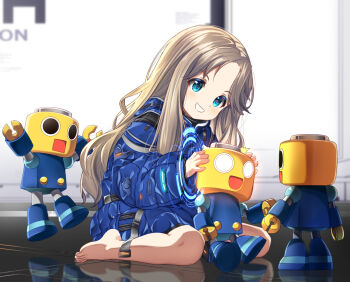 1girl android barefoot blonde_hair blue_coat blue_eyes coat commentary_request diana_(pragmata) full_body grin highres indoors lego light_blush long_hair long_sleeves looking_at_viewer mad_(hazukiken) padded_coat parted_lips pragmata puffy_coat puffy_long_sleeves puffy_sleeves reflective_floor servbot_(mega_man) sitting sleeves_past_wrists smile solo wariza