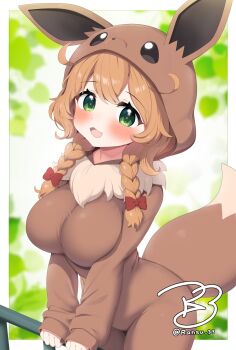 1girl animal_ears blush braid breasts brown_hair cosplay eevee eevee_(cosplay) eevee_ears eevee_tail gen_1_pokemon green_eyes highres hood hood_up large_breasts long_sleeves looking_at_viewer medium_hair nintendo onesie open_mouth poke_kid_(pokemon) pokemon pokemon_swsh pokemon_tail ransusan smile solo tail twin_braids