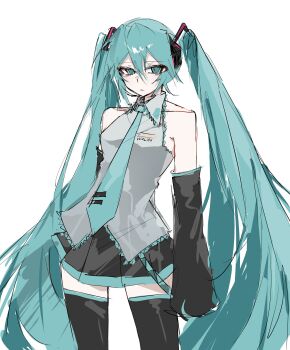 Rule 34 | 1girl, aqua eyes, aqua hair, aqua necktie, black skirt, black thighhighs, collared shirt, detached sleeves, expressionless, frilled shirt, frilled shirt collar, frills, frown, grey shirt, hair between eyes, hair ornament, hatsune miku, highres, long hair, necktie, pleated skirt, shirt, simple background, skirt, solo, thighhighs, twintails, ummwa, vending machine, very long hair, vocaloid, white background, zettai ryouiki